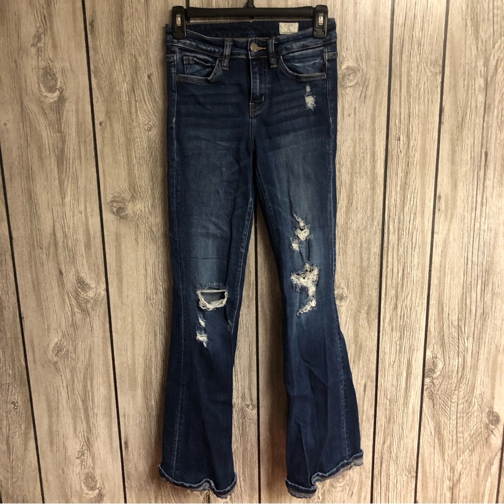 Bridge By Gly Womens Blue Mid Rise Flare Distressed Jeans Stretch Sz 25